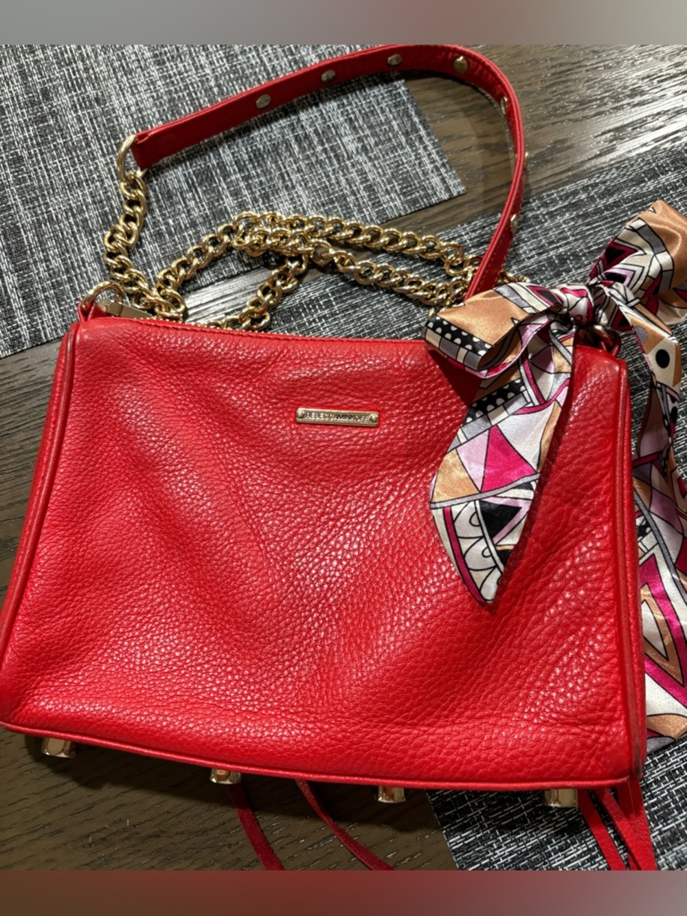 Rebecca Minkoff Red Leather Shoulder Bag with Gold Chain and Scarf Accent